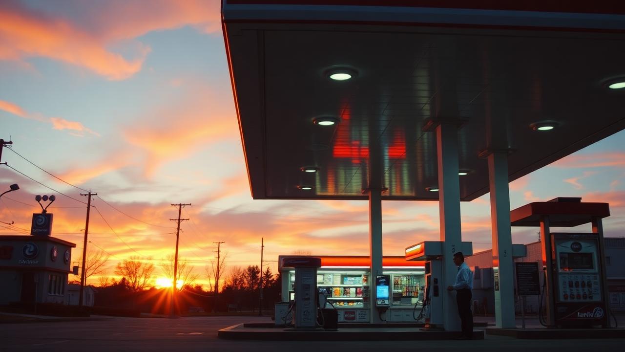 Posto de combustível moderno ao entardecer com bombas iluminadas e loja de conveniência