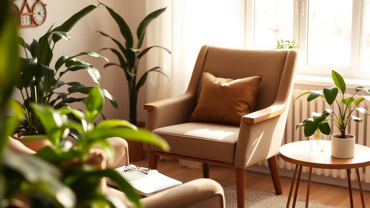 Consultório de terapia acolhedor com poltrona, plantas e luz natural suave