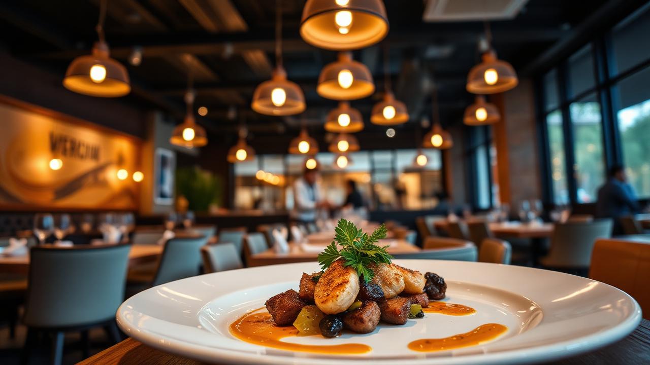 Interior de restaurante moderno com prato gourmet em primeiro plano e iluminação cálida