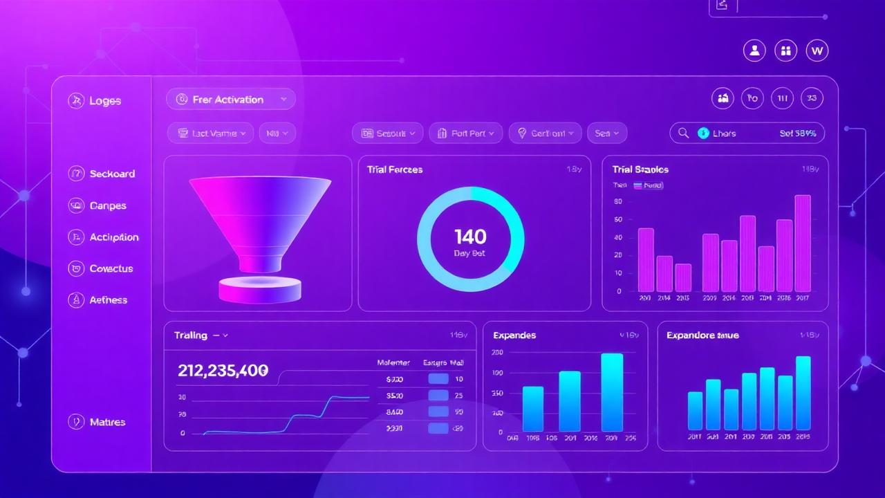 Dashboard SaaS com funil de ativação e métricas de expansão