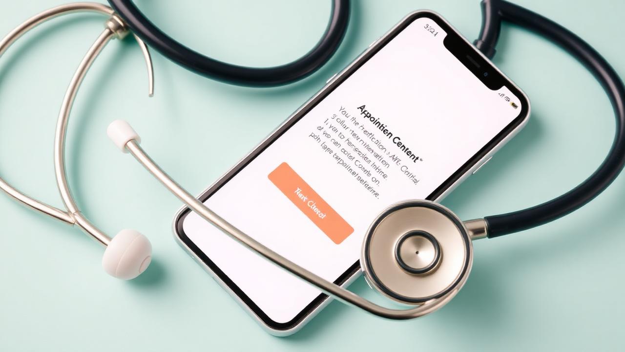 Estetoscópio enrolado em smartphone com confirmação de consulta