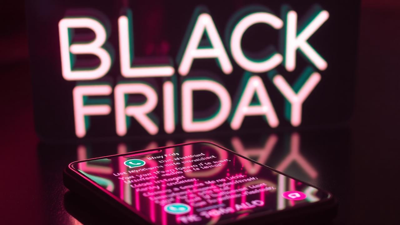 Letreiro Black Friday neon refletindo em smartphone com mensagens