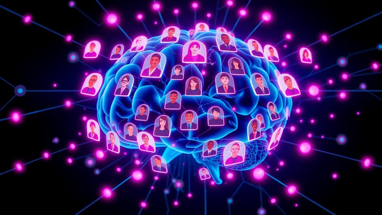 Cérebro de IA classificando avatares de clientes em clusters dinâmicos