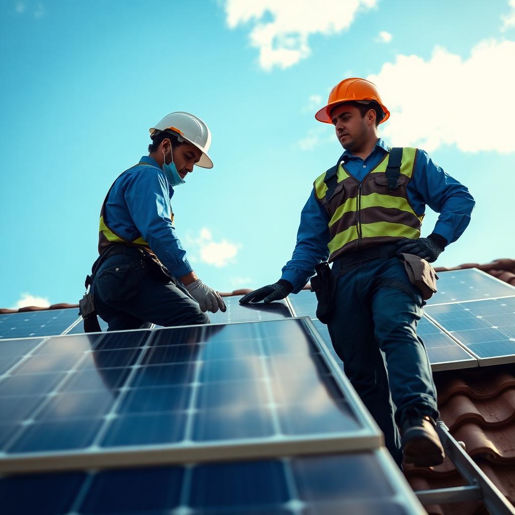 Técnicos instalando painéis solares fotovoltaicos em telhado residencial sob céu azul
