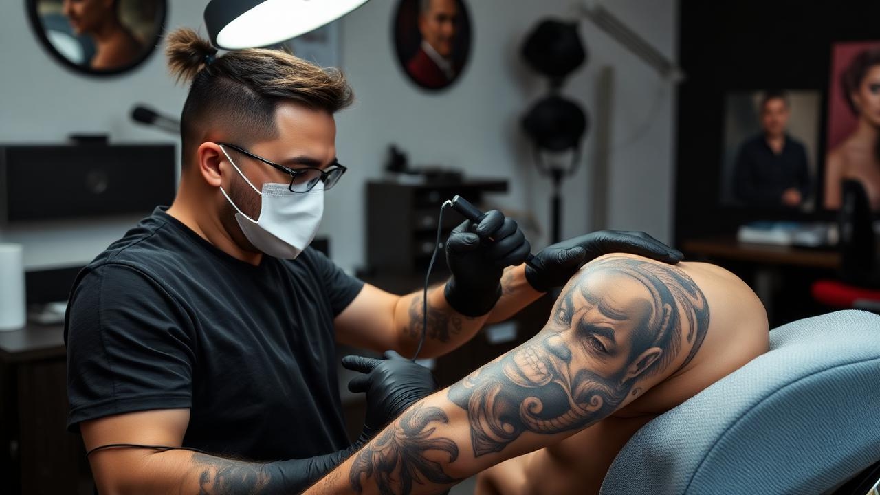 Tatuador trabalhando em tatuagem no braço de cliente em estúdio moderno