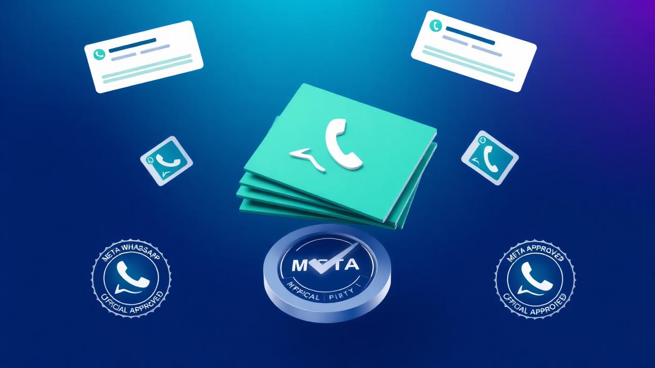 Templates de mensagem do WhatsApp empilhados sobre selo de verificação oficial Meta