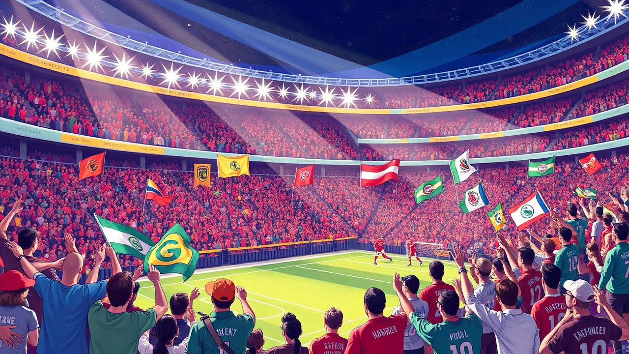 Estádio lotado com torcedores vibrando com bandeiras
