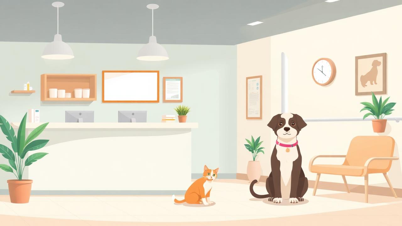 Clínica veterinária moderna com cão e gato na recepção